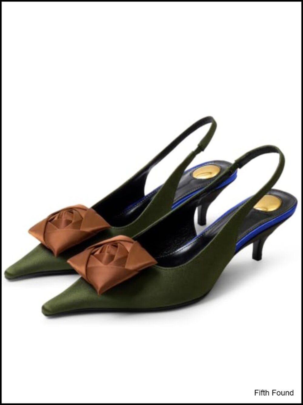 Satin Floral Pointed Toe Slingback Kitten Heels Gold-Tone Adjustable Strap